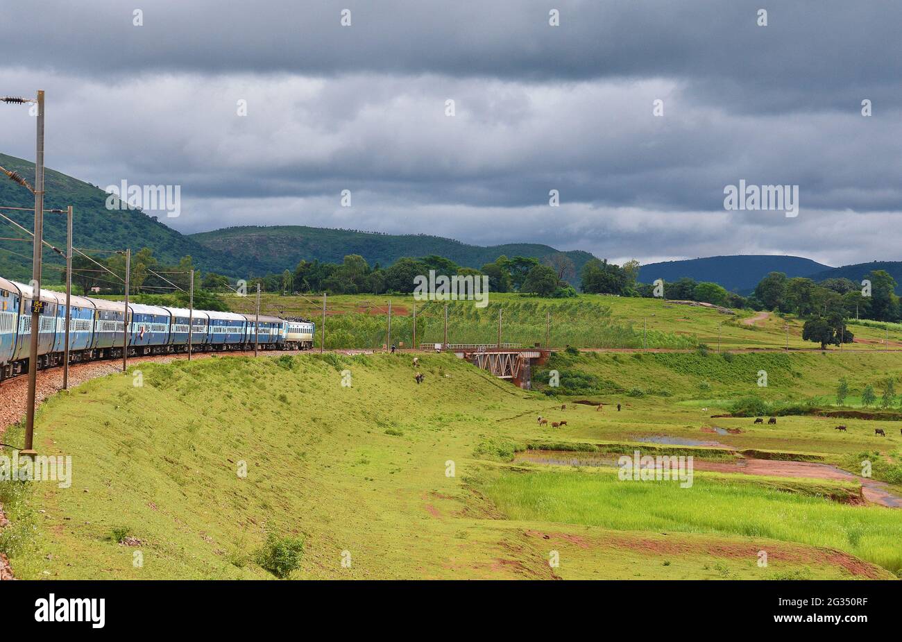 Treni Indian Railways Kirandul passeggero che corre attraverso la valle di Araku, Andhra Pradesh, India Foto Stock