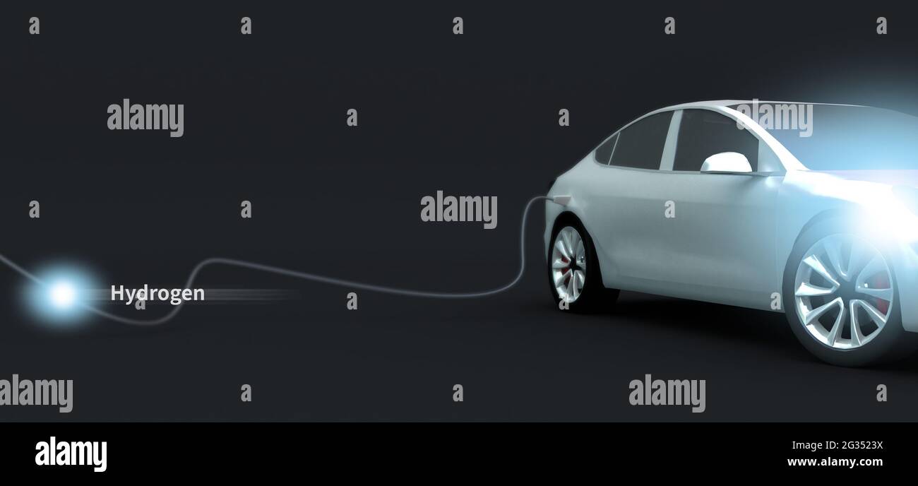 Carica del veicolo a idrogeno. Illustrazione 3d del concetto di auto a carica di energia ECO. Foto Stock