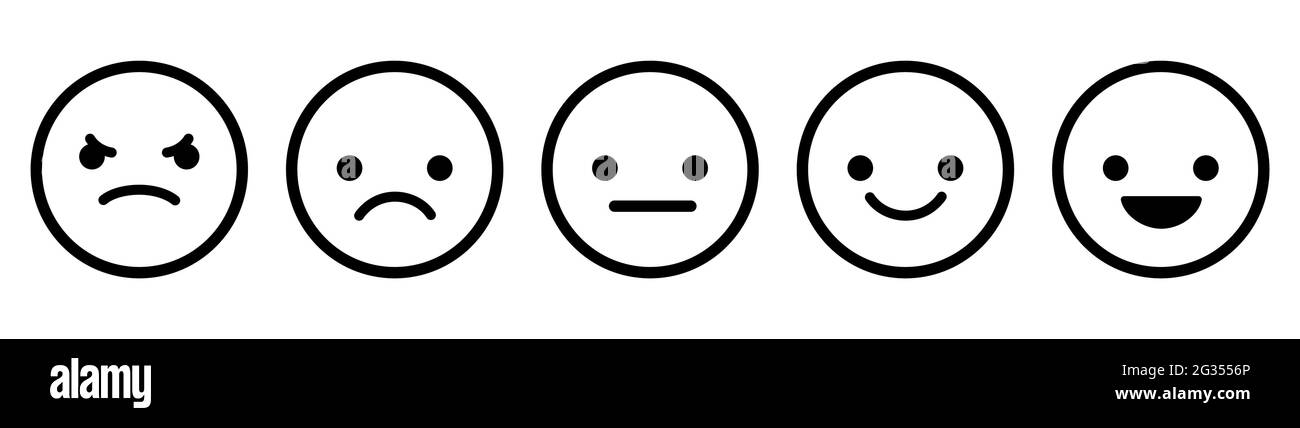 Set di emoticon con contorno nero. Cinque espressioni facciali da positive a negative. Illustrazione vettoriale isolata su sfondo bianco Illustrazione Vettoriale
