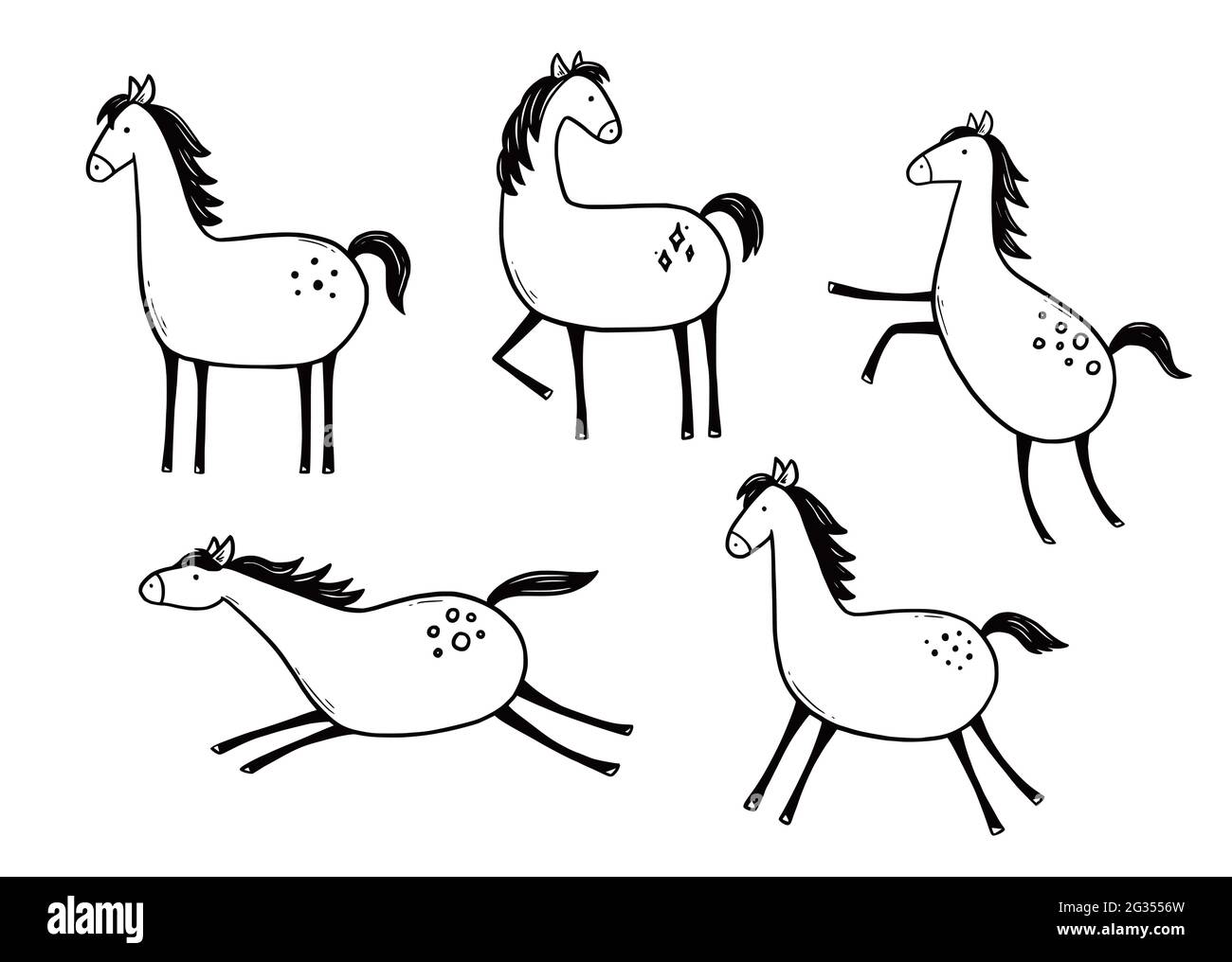 Doodle Horse Set. Stile di schizzo disegnato a mano. Carino cavallo per bambini, bambini illustrazione vettoriale. Illustrazione Vettoriale