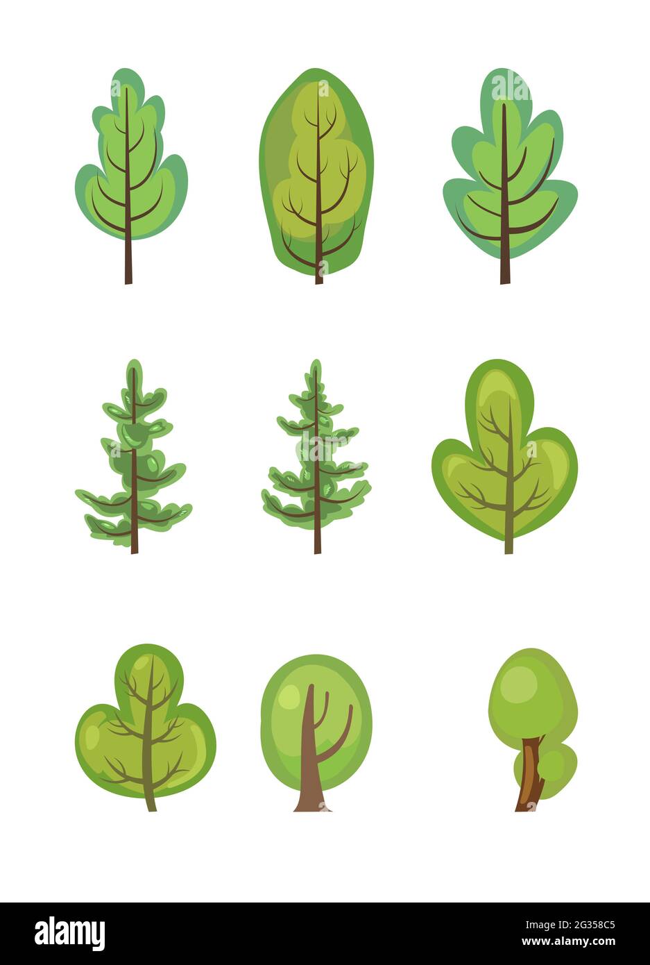 Foresta piatta. Insieme con alberi. Illustrazione in un semplice stile simbolico. Pino. Oggetti per un divertente paesaggio verde. Fumetto design. Fuori città Illustrazione Vettoriale