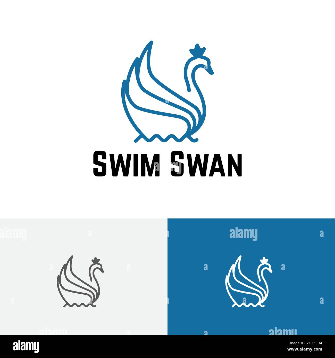 Swim Swan Crown Goose on Water Pool Line logo Illustrazione Vettoriale