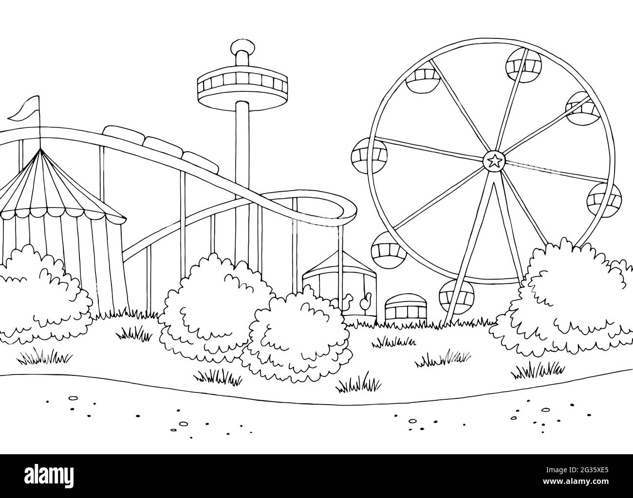 Parco di divertimento paesaggio grafico bianco nero illustrazione del disegno vettore Illustrazione Vettoriale