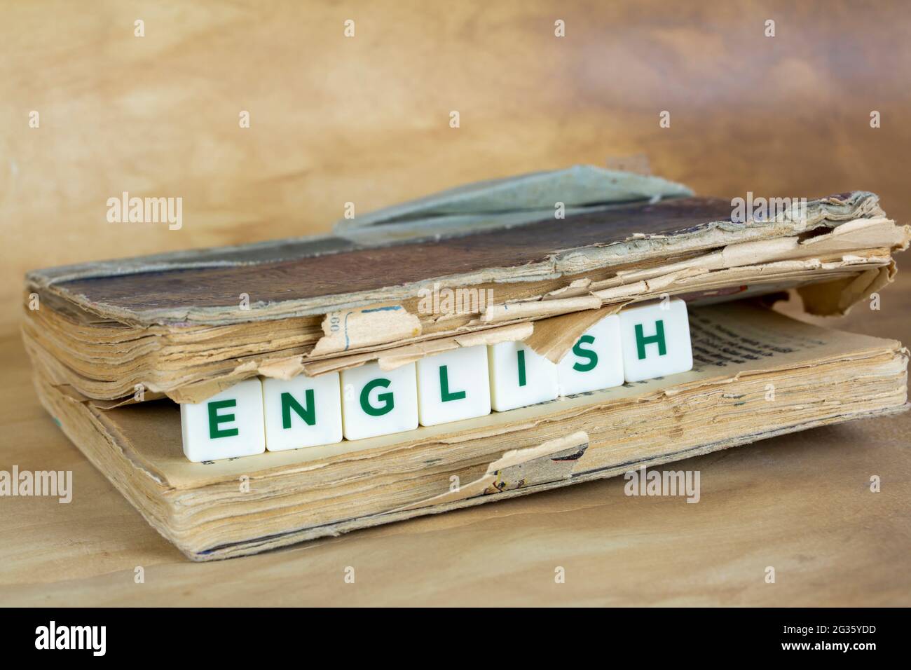 Sul tavolo si trovano il libro e i cubetti di legno con l'iscrizione inglese. Il concetto di apprendimento delle lingue straniere. Foto Stock