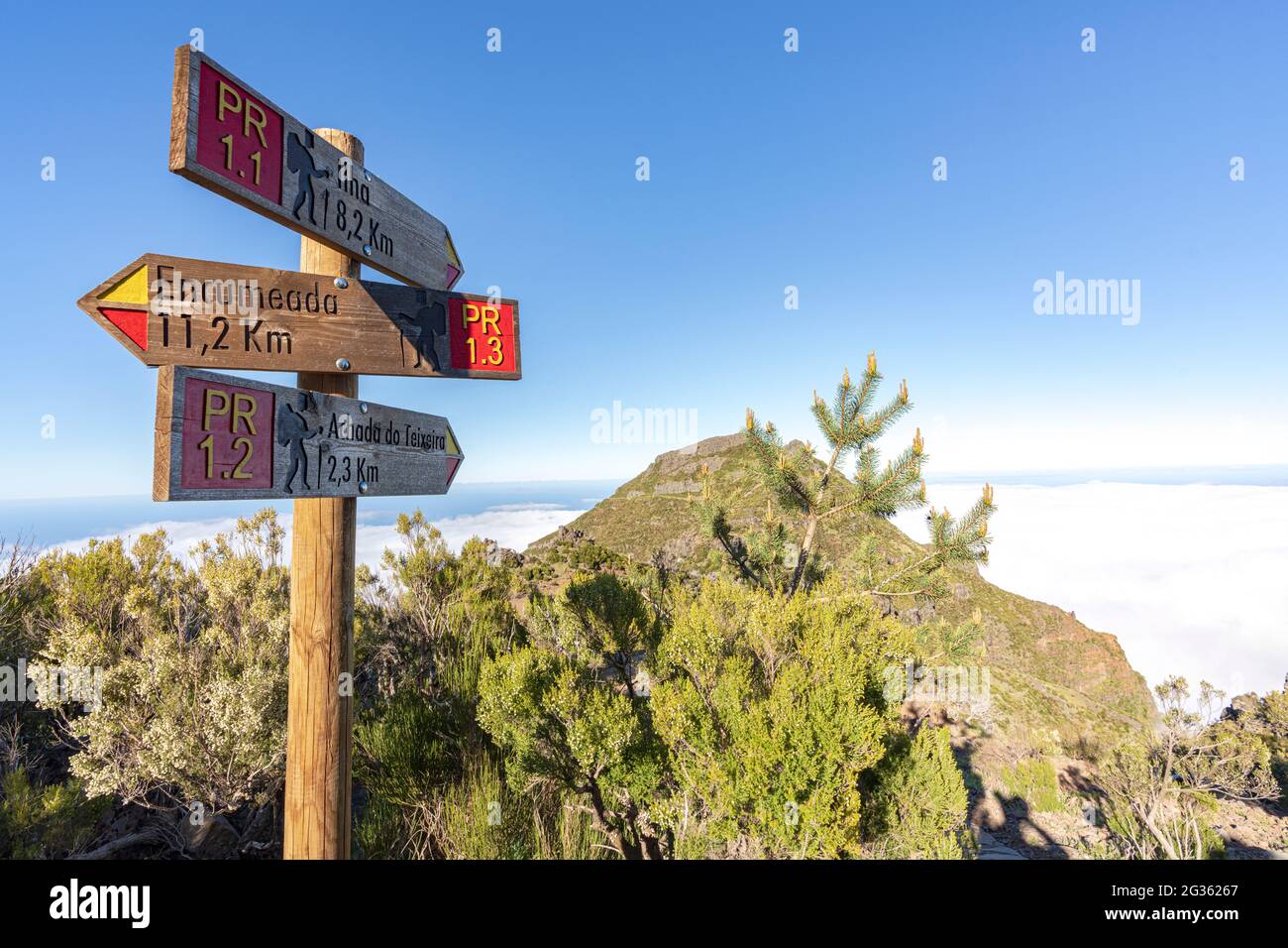 Segnaletica dei sentieri escursionistici sul monte Pico Ruivo, isola di Madeira, Portogallo Foto Stock