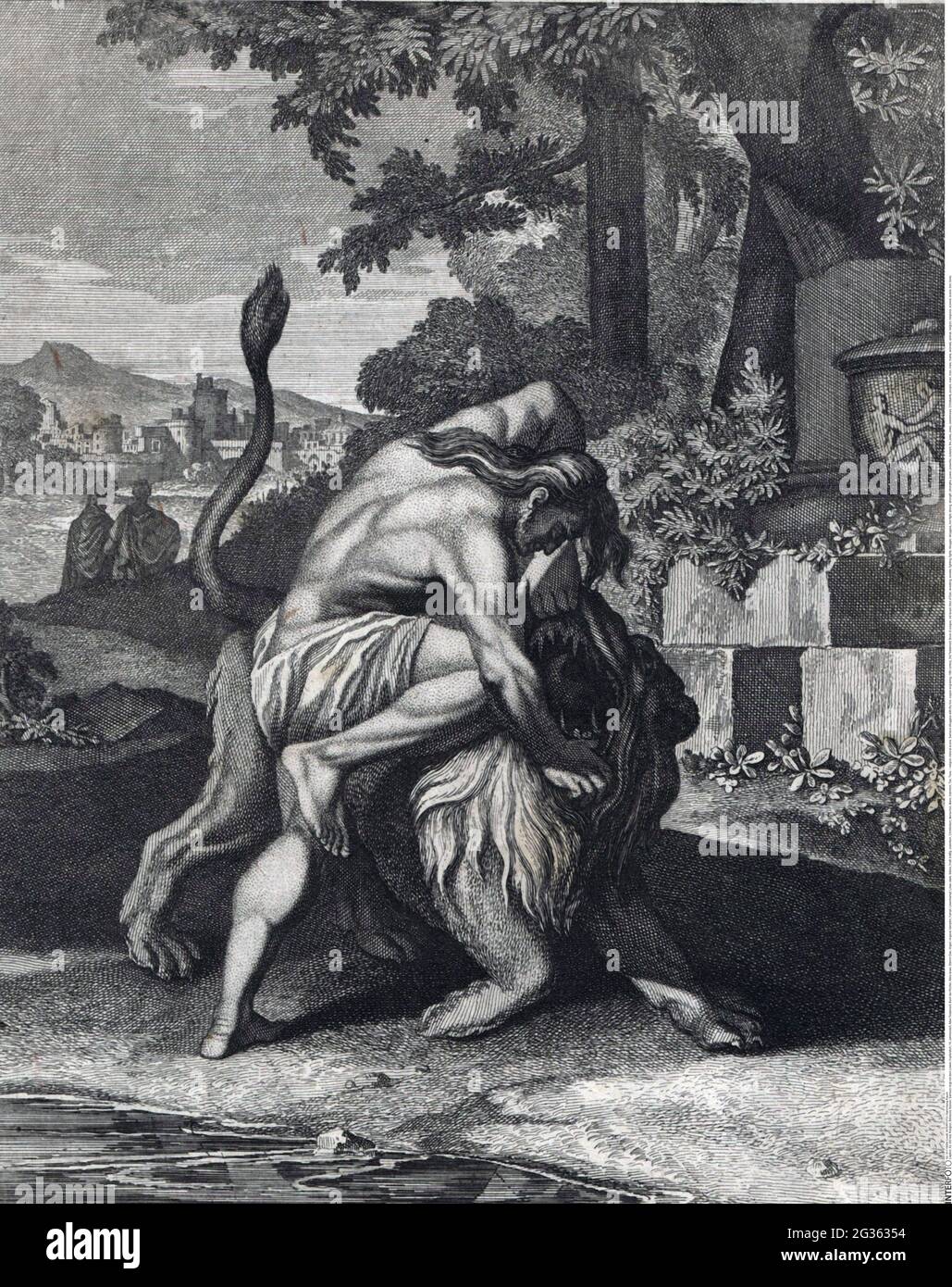 Religione, scena biblica, Samson lotte con il leone, incisione di rame, 18 ° secolo, IL COPYRIGHT DELL'ARTISTA NON DEVE ESSERE ELIMINATO Foto Stock