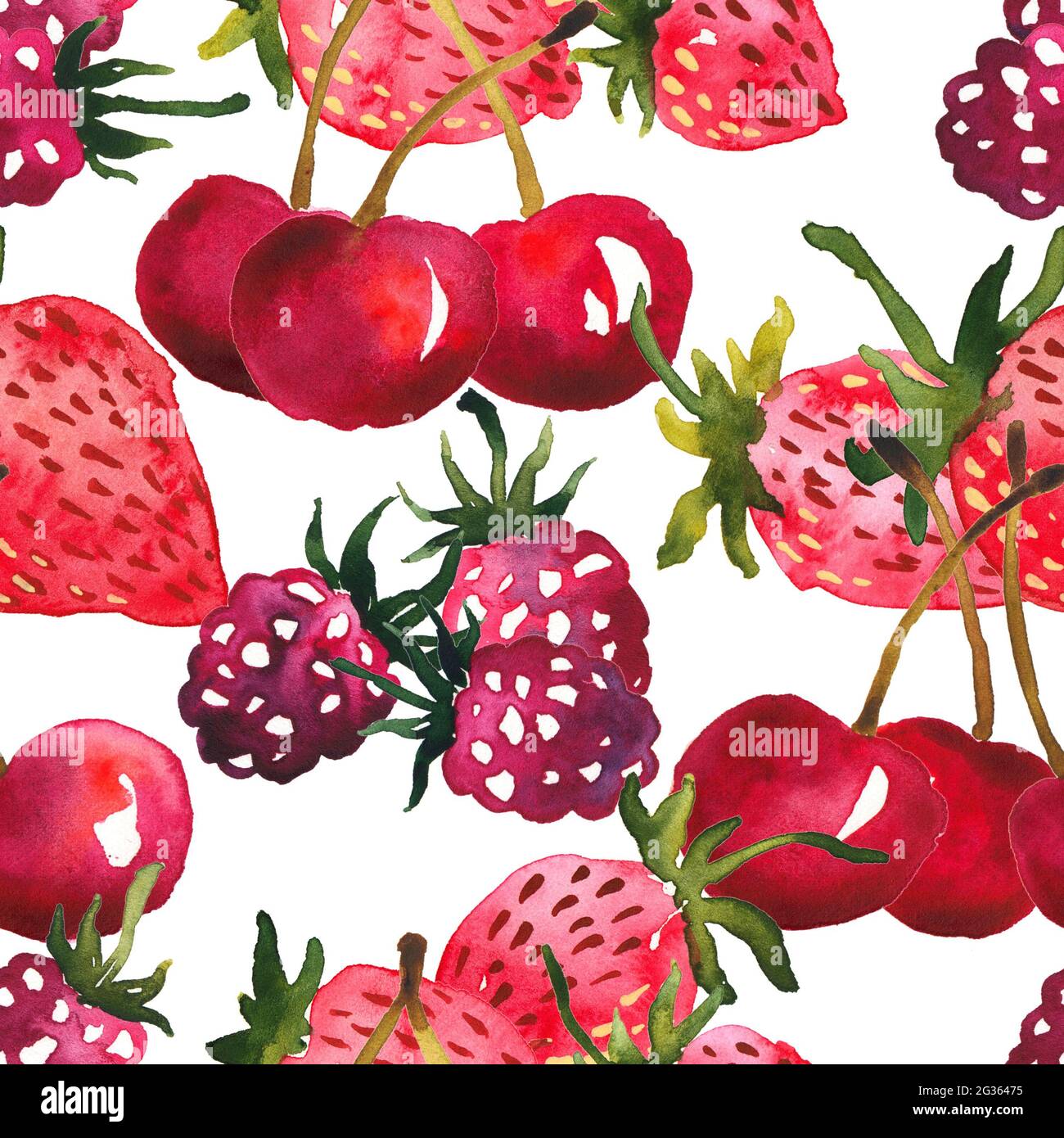 Acquerello senza cuciture con ciliegie, fragole e lamponi Foto Stock