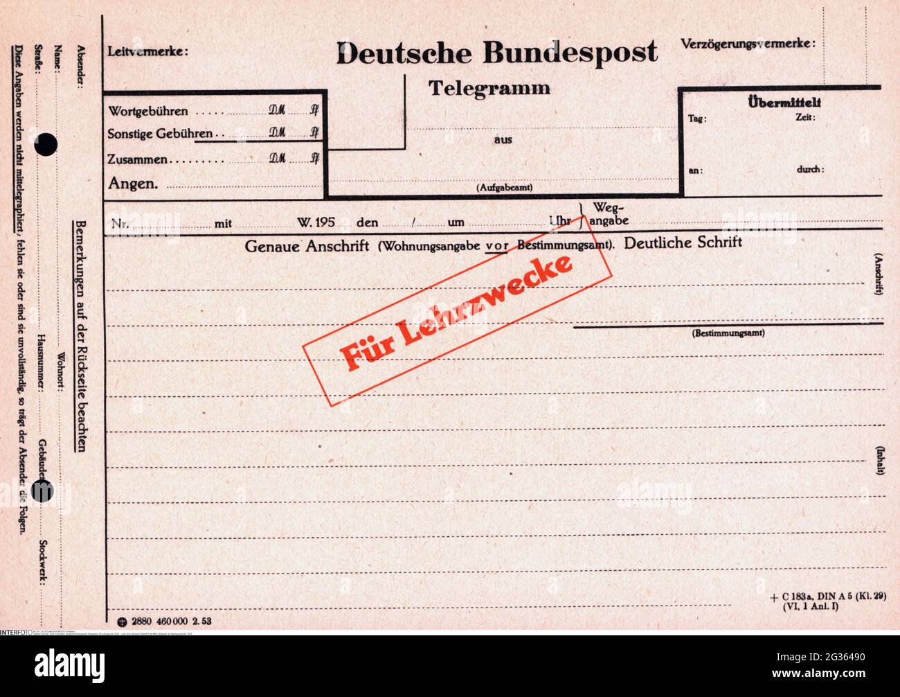 Posta, modulo, Ufficio federale tedesco della posta, telegramma, a scopo di formazione, 1953, DIRITTI-AGGIUNTIVI-AUTORIZZAZIONE-INFORMAZIONI-NON-DISPONIBILI Foto Stock