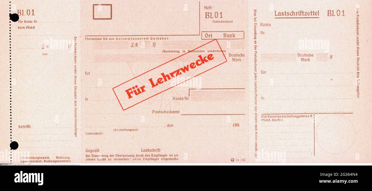 Posta, modulo, Ufficio federale tedesco della posta, trasferimento, a scopo di formazione, 1952, DIRITTI-AGGIUNTIVI-AUTORIZZAZIONE-INFORMAZIONI-NON-DISPONIBILE Foto Stock