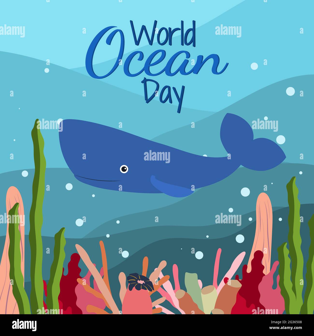 Giornata mondiale sull'oceano in stile cartoon su sfondo blu con carine alghe e coralli di balena di sperma. Orientamento quadrato. Grafico vettoriale. 8 giugno. Illustrazione Vettoriale