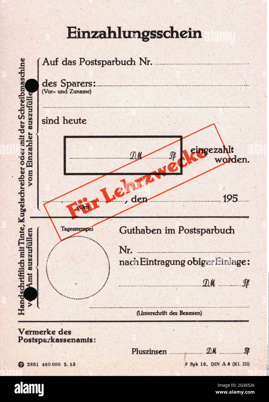 Posta, modulo, Ufficio federale tedesco della posta, polizza di versamento al libretto di risparmio dell'ufficio postale, DIRITTI-AGGIUNTIVI-INFORMAZIONI-DI-LIQUIDAZIONE-NON-DISPONIBILI Foto Stock