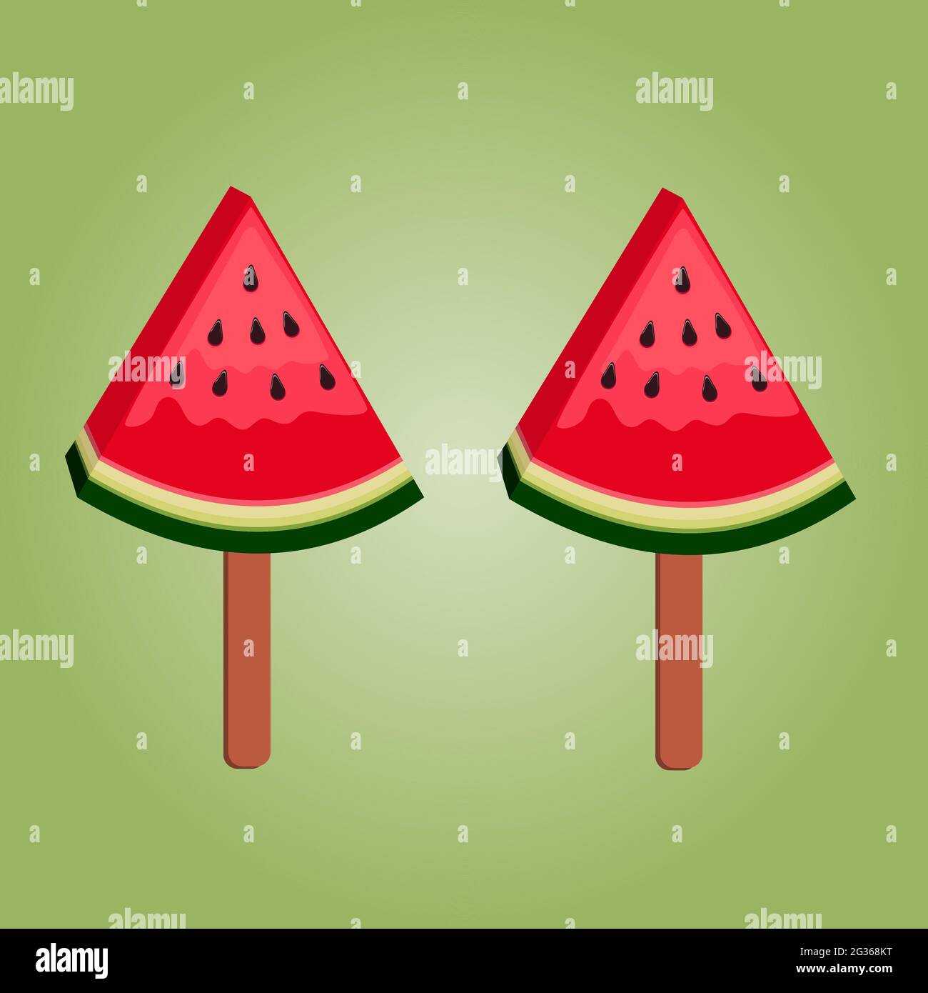 Illustrazione di due gelati su un bastone in fette di anguria matura rossa a forma di triangolo su sfondo verde Illustrazione Vettoriale