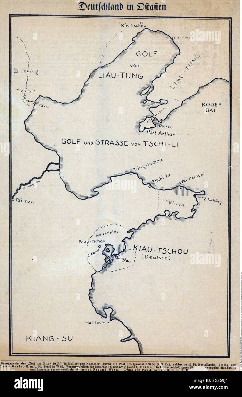 Cartografia, mappe, Asia, Cina, mappa del territorio tedesco affittato Kiautschou, 'Zeit im Bild', 1913, INFORMAZIONI-DIRITTI-AGGIUNTIVI-DI-LIQUIDAZIONE-NON-DISPONIBILI Foto Stock