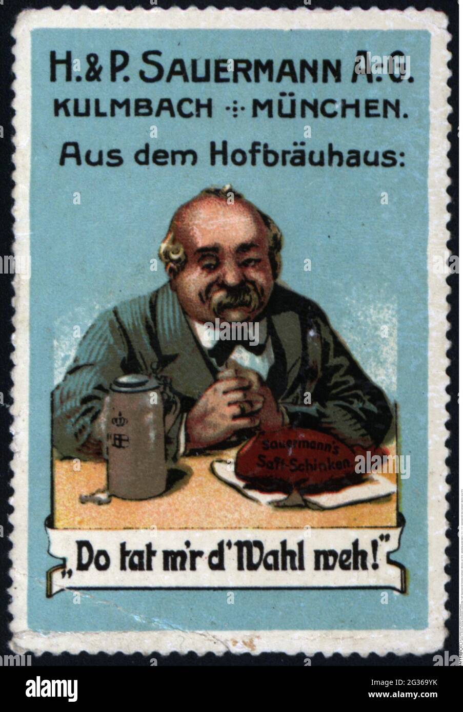 Pubblicità, francobolli, cibo, 'H.&P. Sauermann AG' HAM, Kulmbach - Monaco, circa 1910, DIRITTI-AGGIUNTIVI-AUTORIZZAZIONE-INFORMAZIONI-NON-DISPONIBILI Foto Stock
