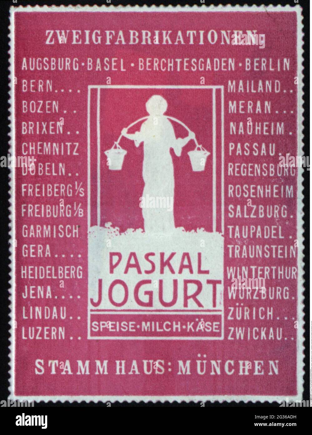 Pubblicità, francobolli, cibo, 'Paskal', yogurt, MONACO, CIRCA 1910, DIRITTI-AGGIUNTIVI-AUTORIZZAZIONE-INFORMAZIONI-NON-DISPONIBILI Foto Stock