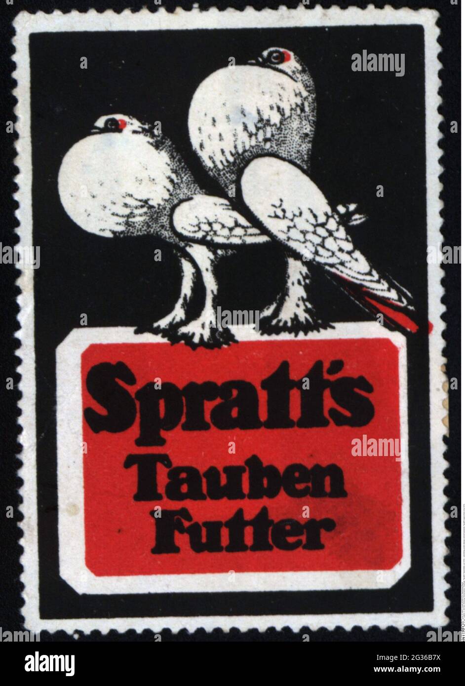 Pubblicità, francobolli da poster, zootecnia, mangimi per piccioni "pratt's", circa 1910; INFORMAZIONI-AGGIUNTIVE-DIRITTI-AUTORIZZAZIONE-NON-DISPONIBILI Foto Stock