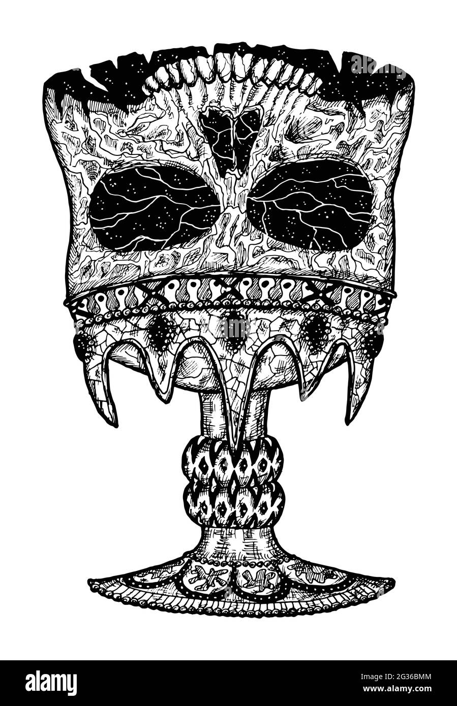 Immagine spaventosa in bianco e nero del cranio vettoriale come un vecchio calice o tazza. Disegno isolato Mystic per Halloween con conc. Esoterico, gotico, occulto Illustrazione Vettoriale