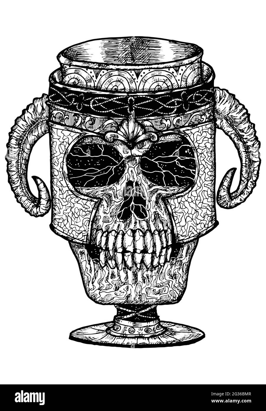 Immagine spaventosa in bianco e nero del cranio vettoriale come una tazza con corna. Disegno isolato Mystic per Halloween con concetto esoterico, gotico, occulto Illustrazione Vettoriale