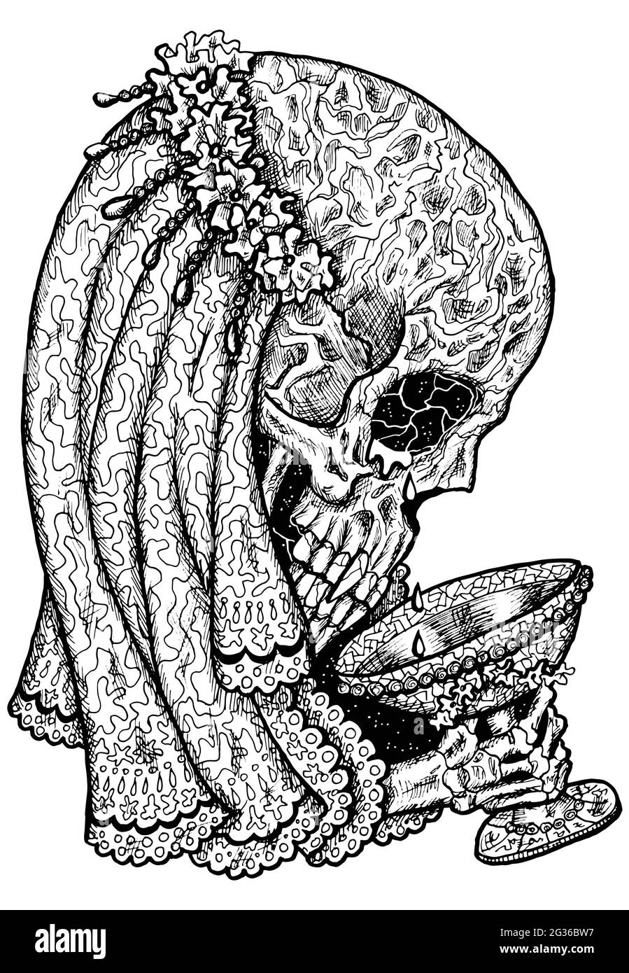 Immagine spaventosa in bianco e nero del cranio vettoriale che indossa velatura da sposa e coppa che tiene la corona. Disegno isolato Mystic per Halloween con esoterico, Illustrazione Vettoriale