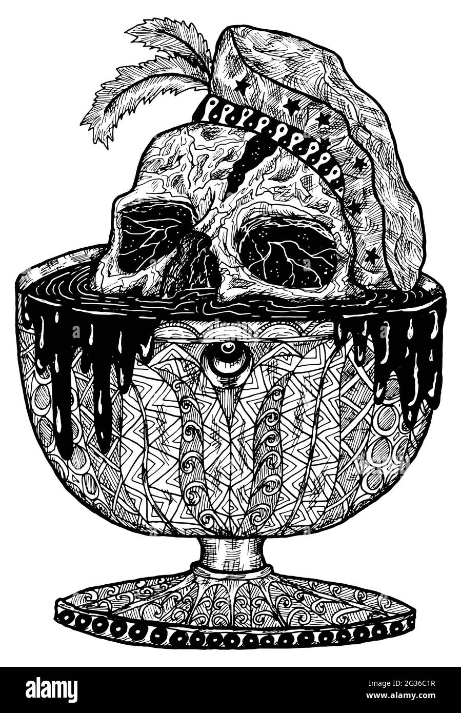 Immagine spaventosa in bianco e nero del cranio vettoriale in calice o tazza vecchi. Disegno isolato Mystic per Halloween con concetto esoterico, gotico, occulto Illustrazione Vettoriale