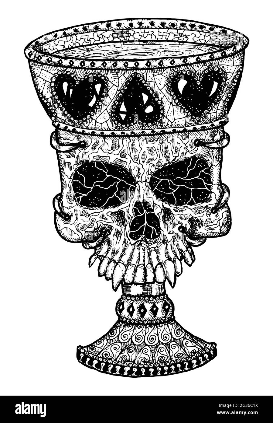 Immagine spaventosa in bianco e nero del cranio vettoriale con vecchia tazza decorata. Disegno isolato Mystic per Halloween con concetto esoterico, gotico, occulto Illustrazione Vettoriale