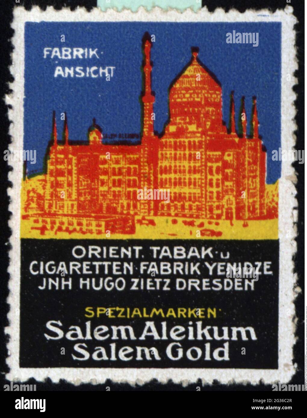 Pubblicità, francobolli, tabacchi, sigarette, «Yenidze», DRESDA, CIRCA 1910, DIRITTI-AGGIUNTIVI-AUTORIZZAZIONE-INFORMAZIONI-NON-DISPONIBILI Foto Stock