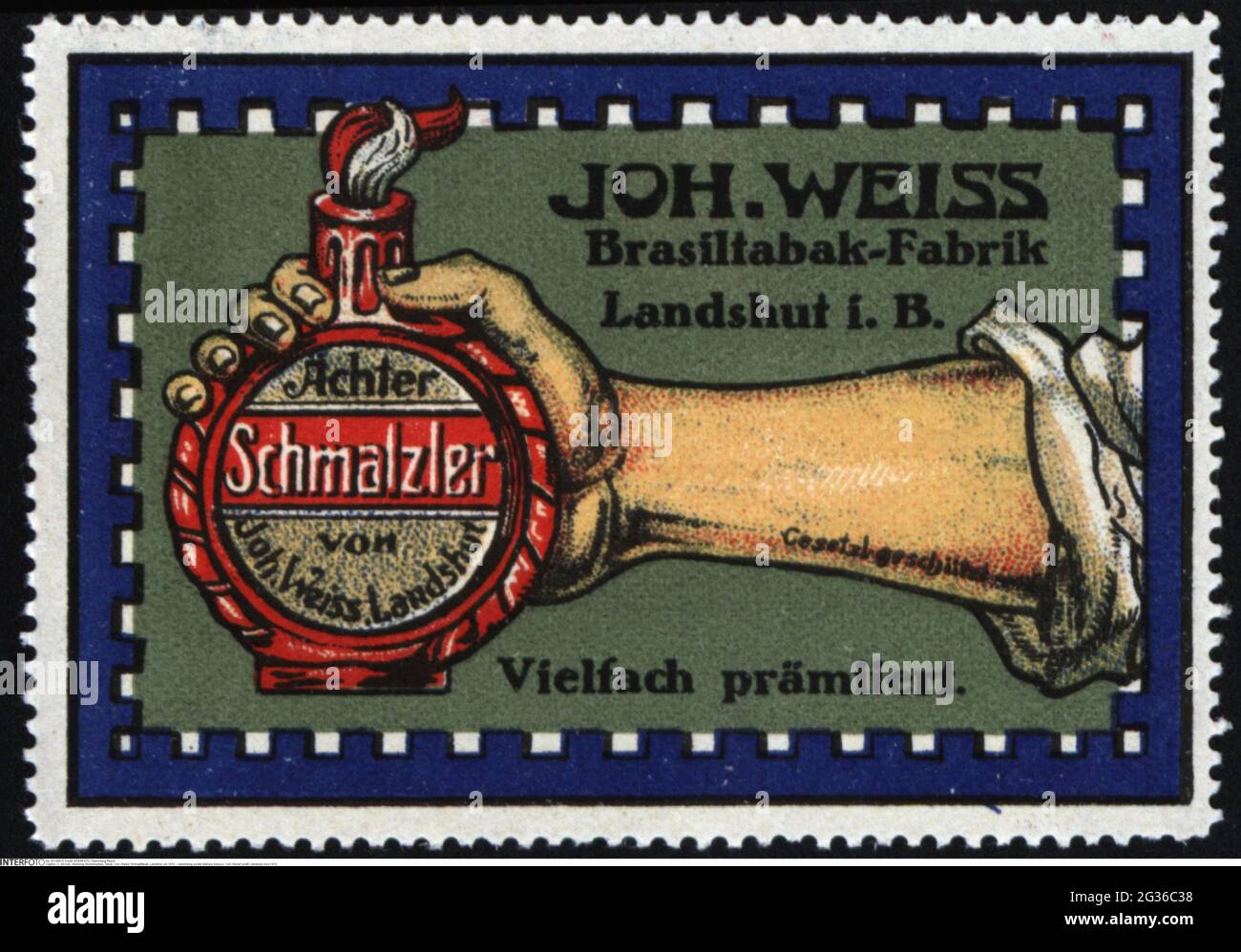 Pubblicità, poster francobolli, tabacco, 'Joh. Weiss' snuff, Landshut, circa 1910, ADDITIONAL-RIGHTS-CLEARANCE-INFO-NOT-AVAILABLE Foto Stock