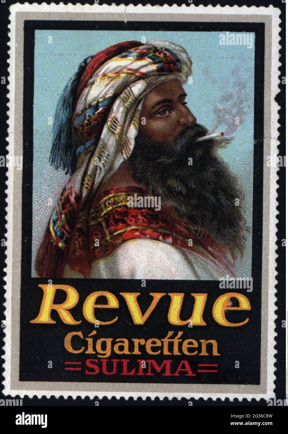Pubblicità, francobolli, tabacchi, sigarette «Revue», «Suima», DRESDA, CIRCA 1910, DIRITTI-AGGIUNTIVI-AUTORIZZAZIONE-INFORMAZIONI-NON-DISPONIBILI Foto Stock