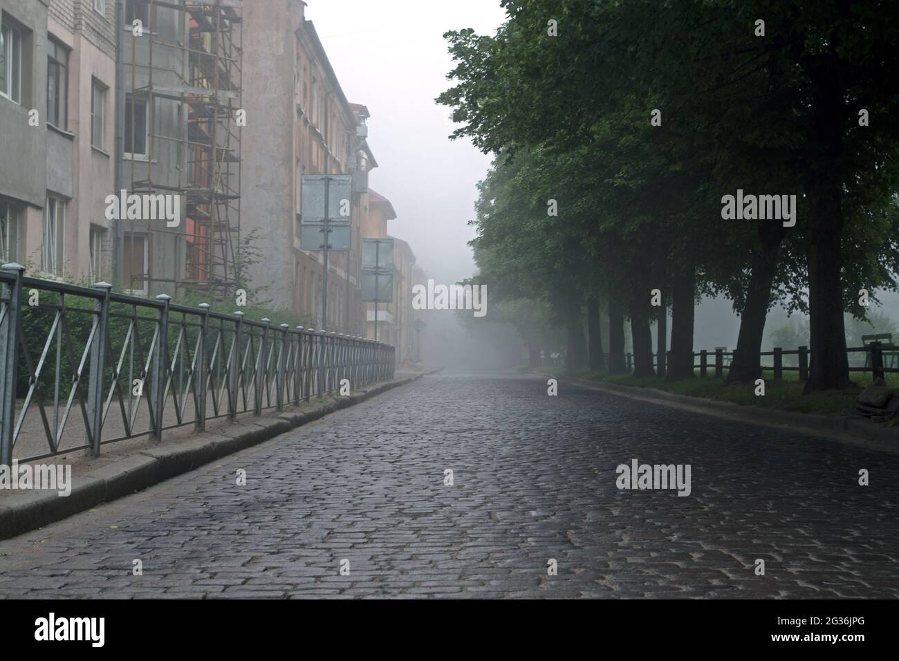 Una strada lastricata in pietra grigia nebbiosa circondata da recinzioni metalliche, rami di alberi verdi a destra e le vaghi facciate degli edifici sul Foto Stock