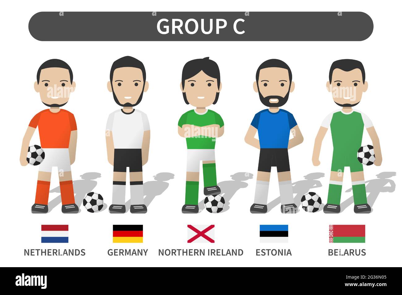 I tornei di Coppa di calcio europei si qualificano per 2020 e 2021 . Gruppo C . Calciatore con divisa in maglia e bandiera nazionale . Carattere cartoon Illustrazione Vettoriale