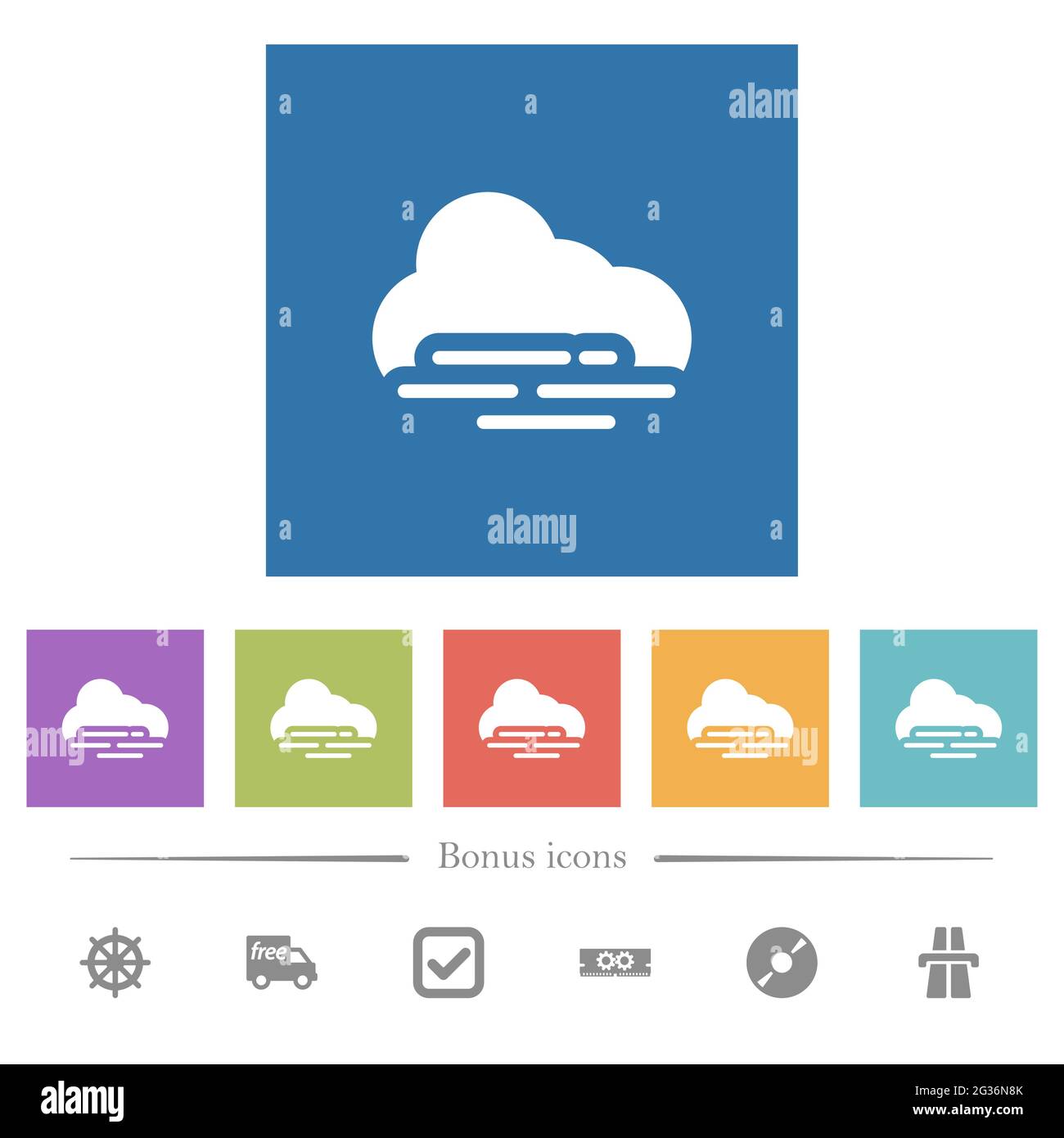 Misty meteo piatte icone bianche in sfondi quadrati. 6 icone bonus incluse. Illustrazione Vettoriale