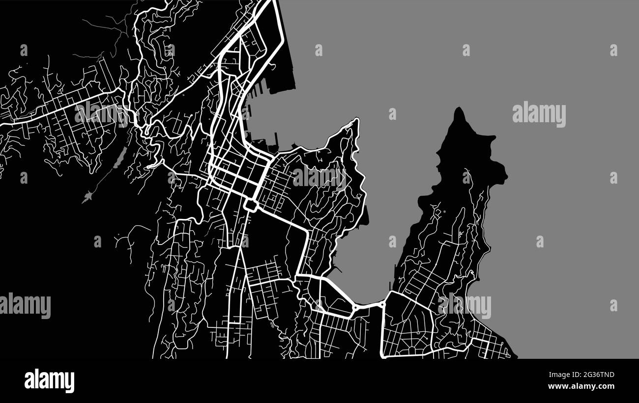 Cartografia vettoriale in bianco e nero dell'area della città di Wellington, strade e cartografia dell'acqua. Proporzione widescreen, design piatto digitale str Illustrazione Vettoriale