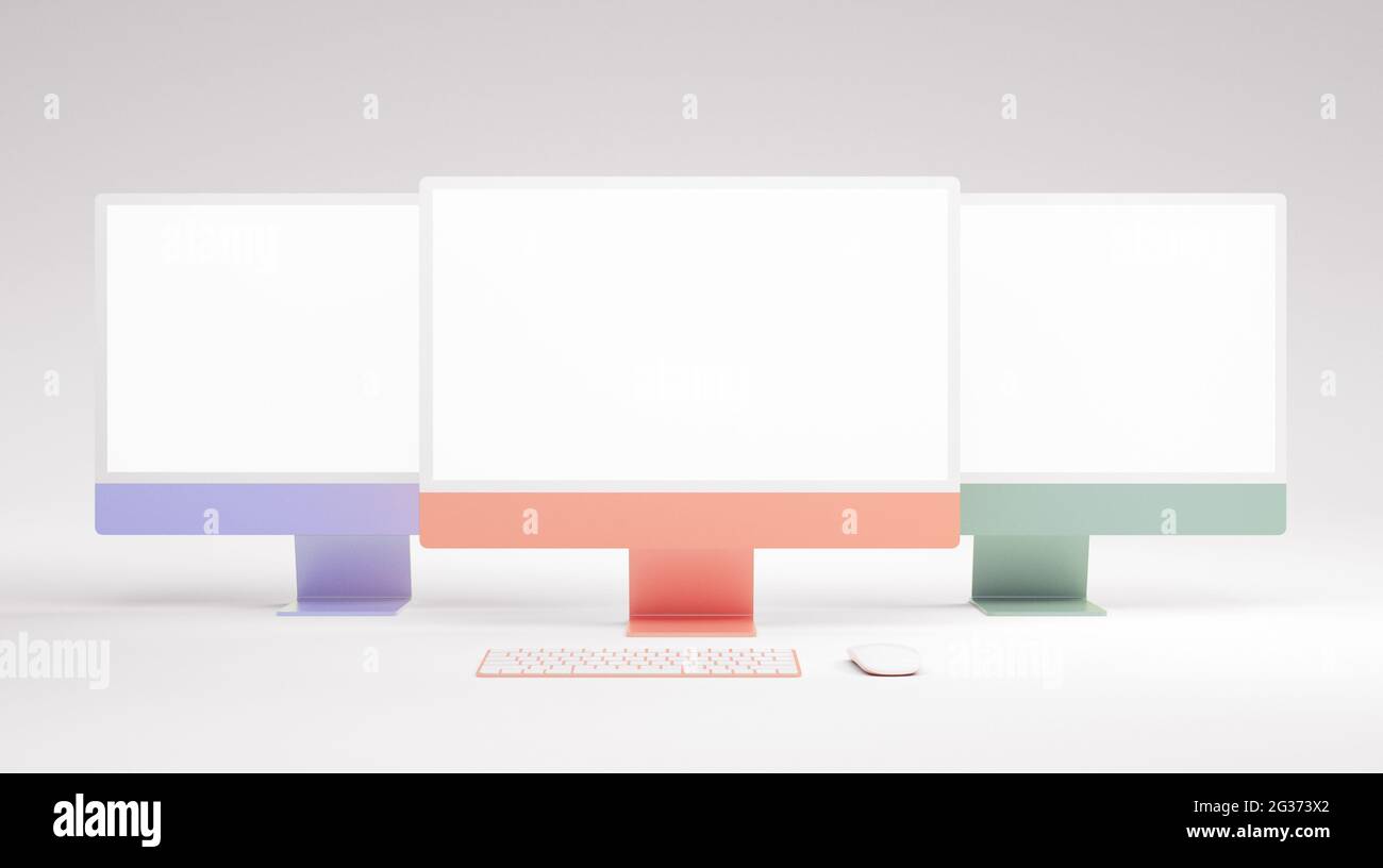 Computer desktop a tre colori con schermo vuoto mockup per la presentazione di applicazioni Web e ui ux. Rendering 3D Foto Stock