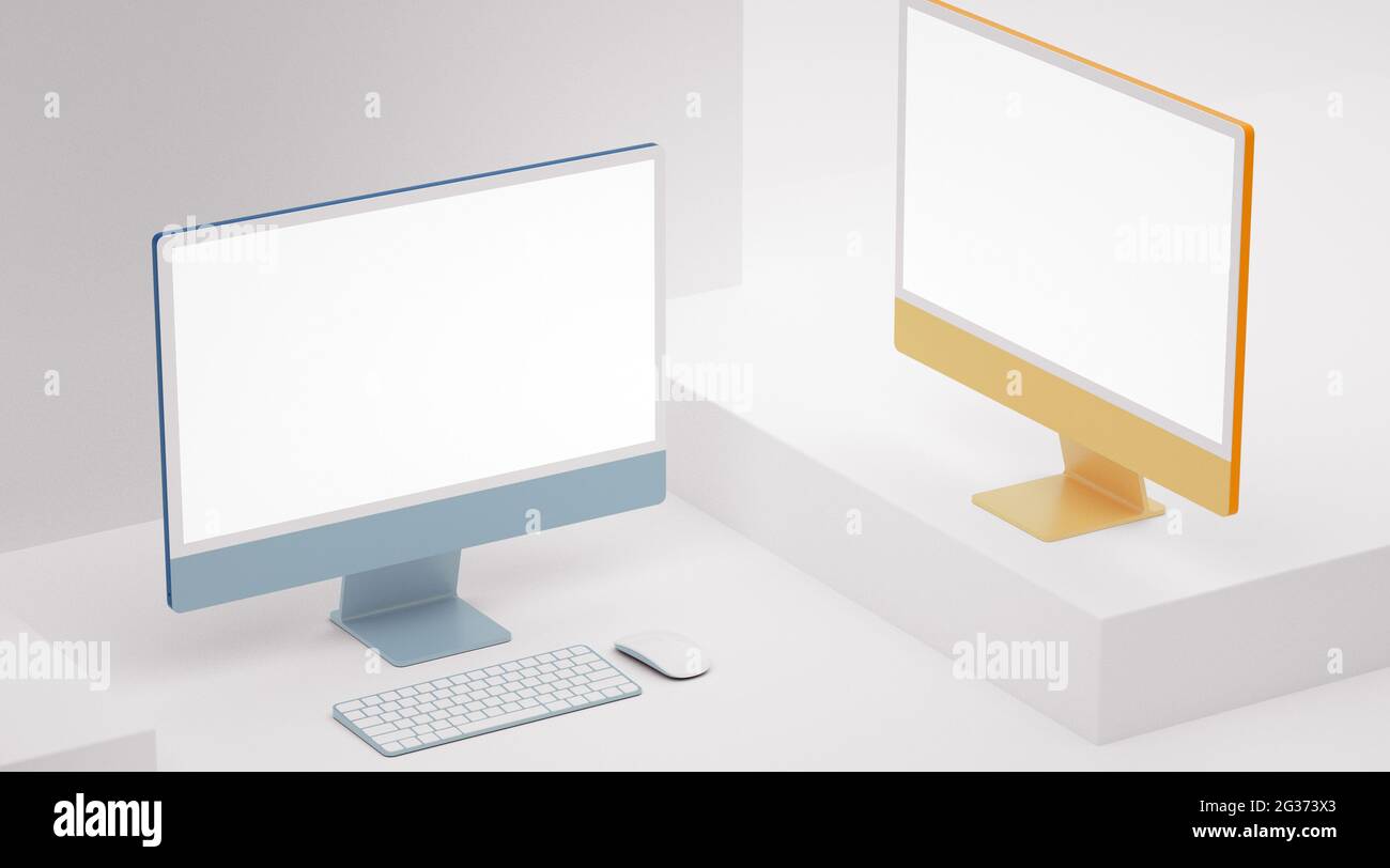 Due monitor per computer a colori di colore bianco con schermo vuoto per applicazioni, ui ux e presentazioni Web. Rendering 3D Foto Stock