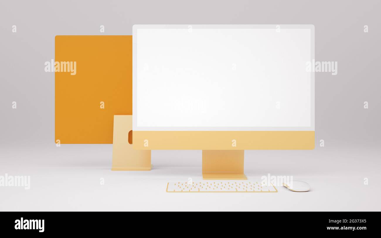 Monitor da tavolo giallo schermo vuoto mockup per la presentazione di web e app design in 3D rendering Foto Stock