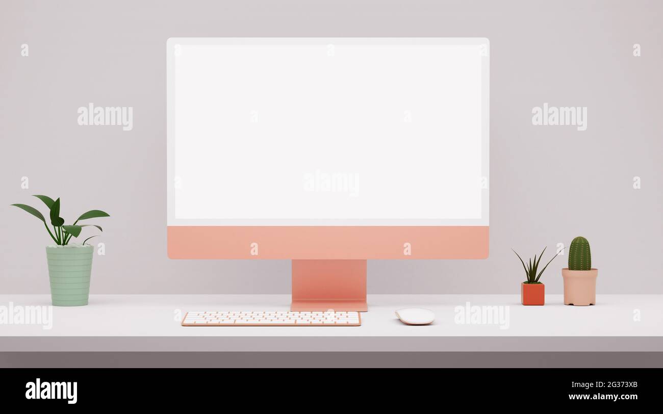 Moderno computer rosa schermo vuoto mockup su un desktop bianco in 3D rendering. Presentazione di progettazione Web, app e ui ux Foto Stock