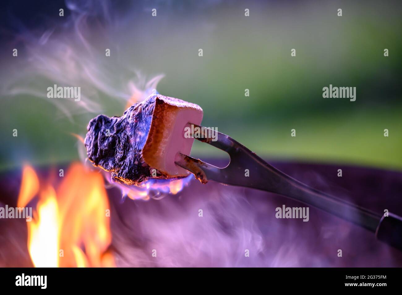 Marshmallows essere cucinati su un fuoco aperto all'aperto Foto Stock