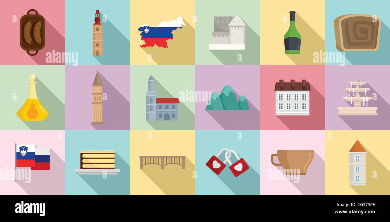 Set icone Slovenia, stile piatto Illustrazione Vettoriale