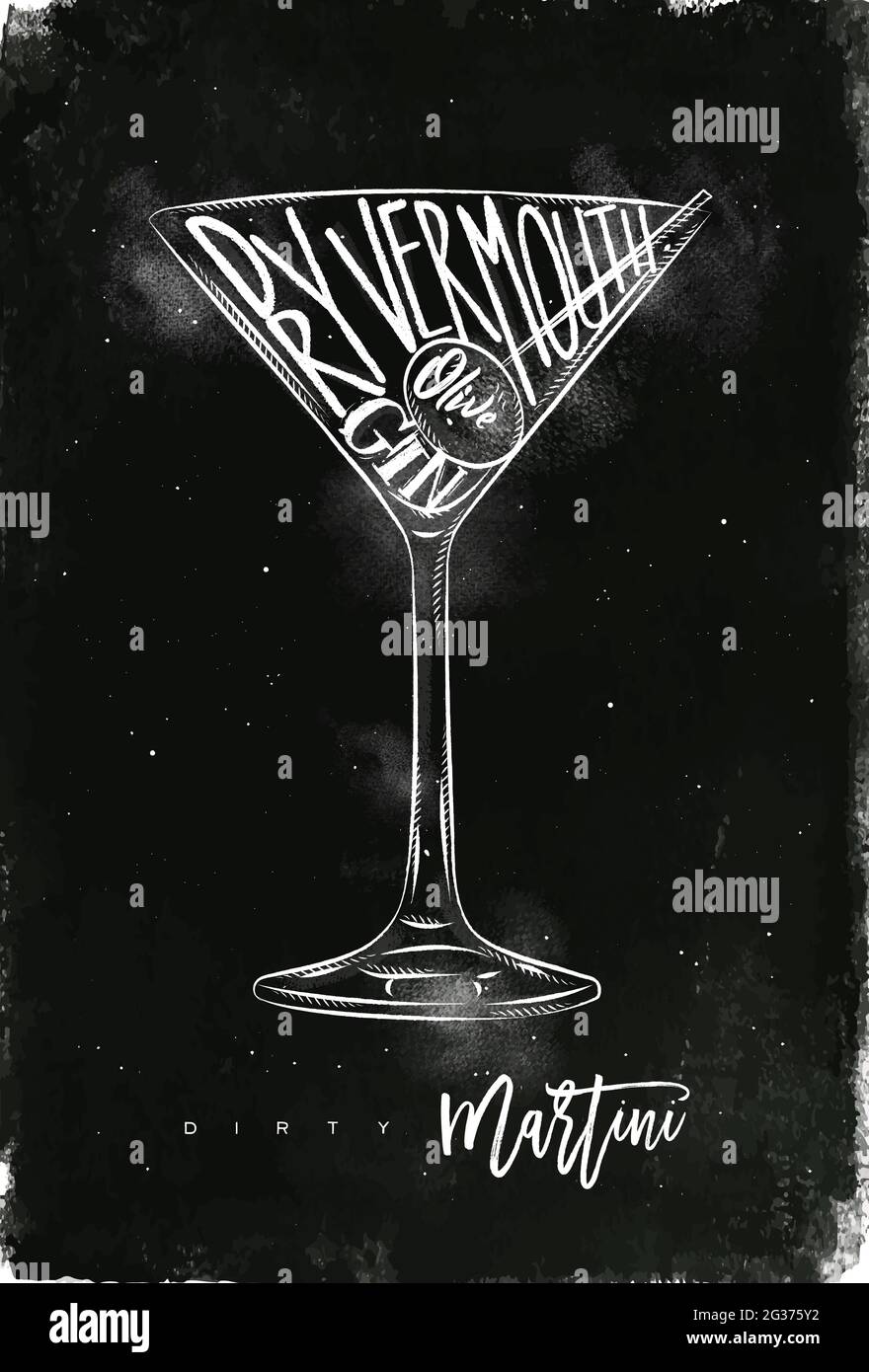 Sporca martini cocktail scritta vermouth secco, gin, olive in un disegno di stile grafico vintage con gesso su sfondo lavagna Illustrazione Vettoriale