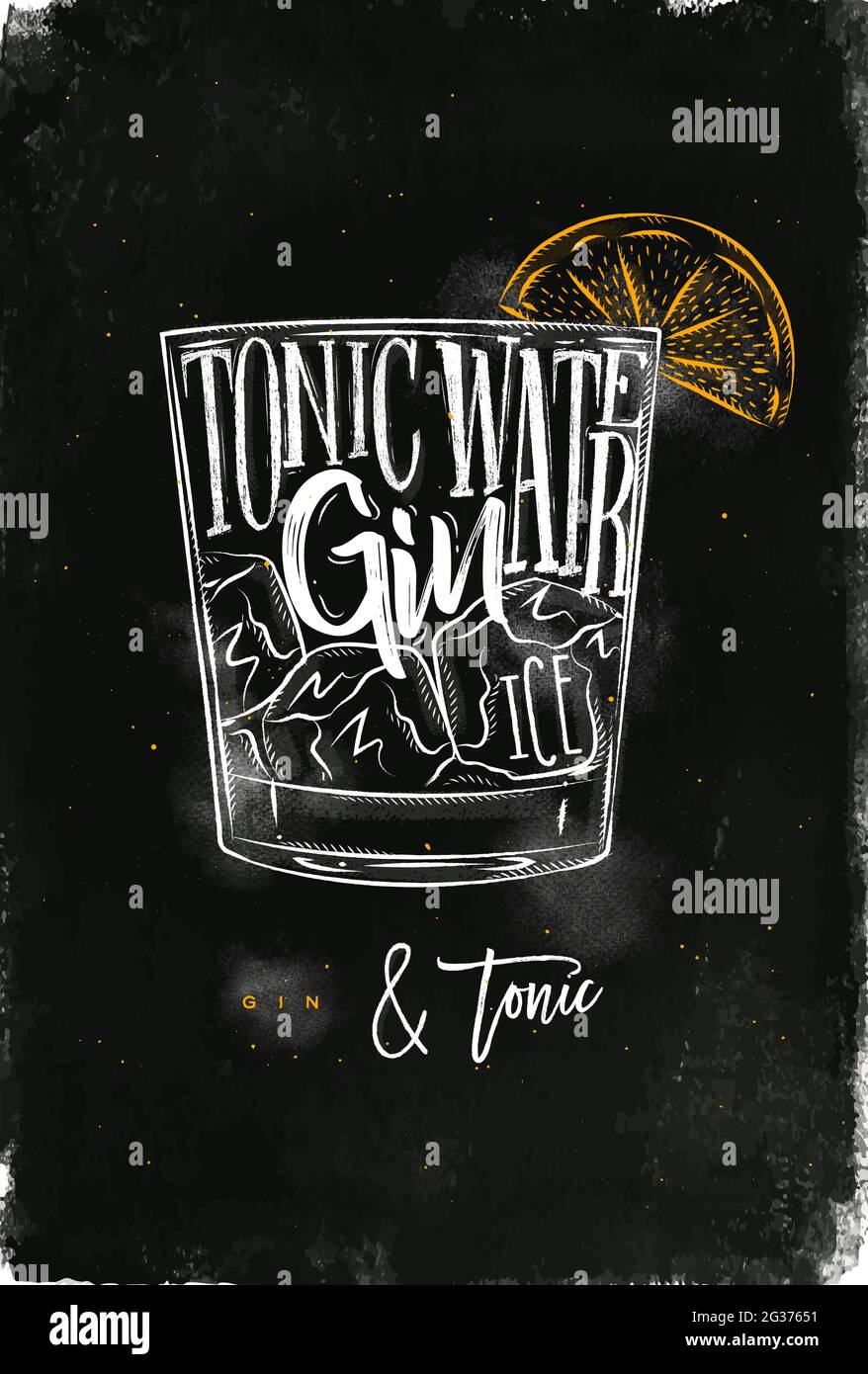 Gin tonic cocktail scritta tonico acqua, gin, ghiaccio in stile grafico vintage disegno con gesso e colore su sfondo lavagna Illustrazione Vettoriale