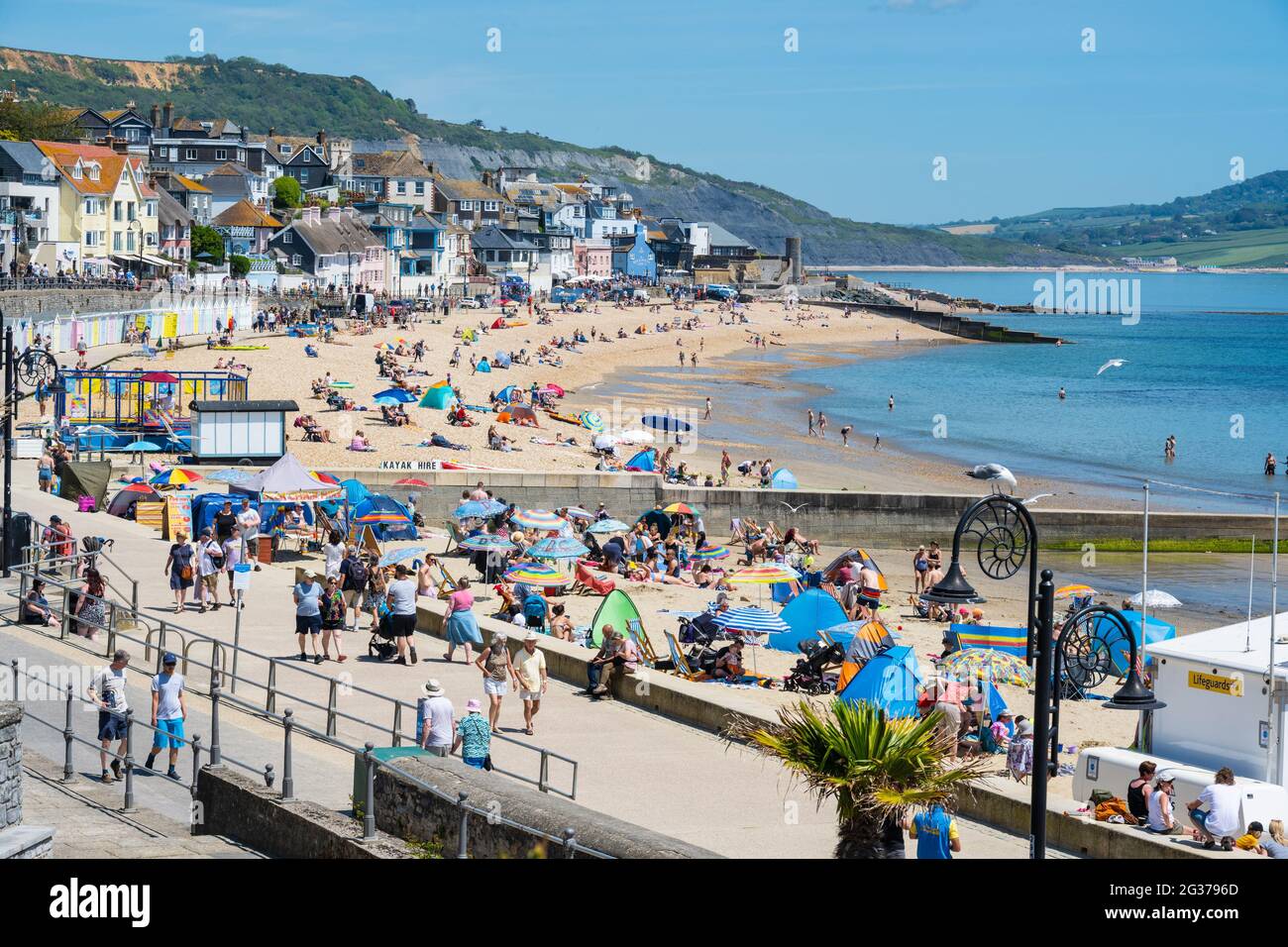 Lyme Regis, Dorset, Regno Unito. 14 Giugno 2021. Regno Unito Meteo. Gli amanti del sole si accorrono in spiaggia per godersi il sole caldo nel giorno più caldo dell'anno. Credit: Celia McMahon/Alamy Live News Foto Stock