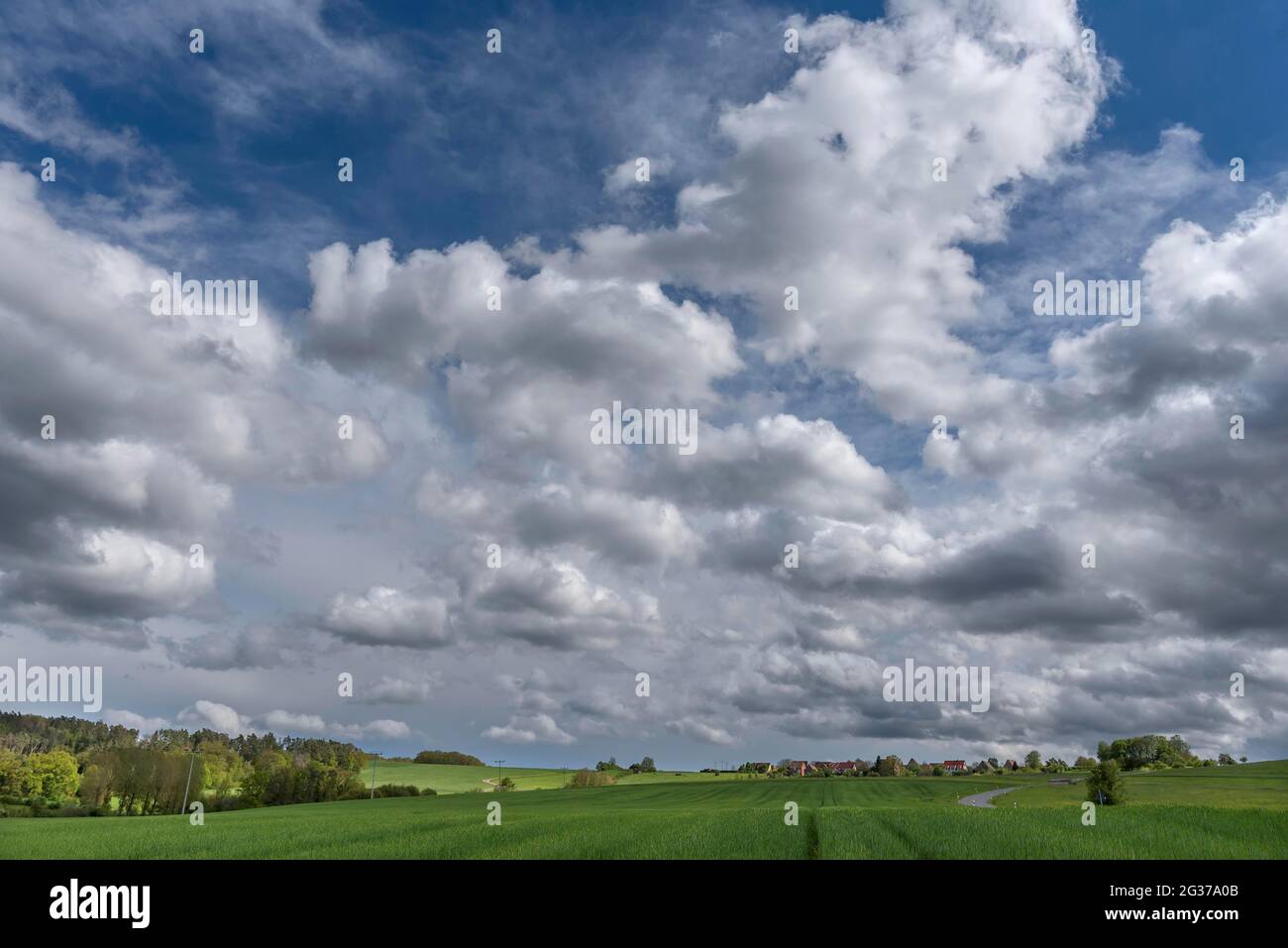Campi di grano e un villaggio Franconiano con cielo nuvoloso, Baviera, Germania Foto Stock
