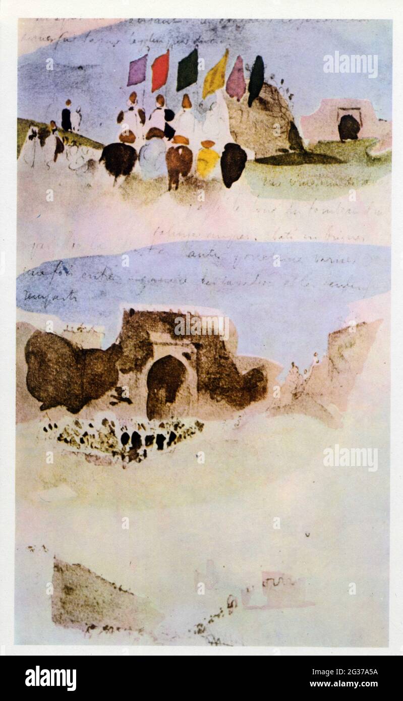 Eugène Delacroix.Cavaliers aux drapeaux devant la porte de Meknès.Mars 1832.Aquarelle sur traits à la plume Foto Stock