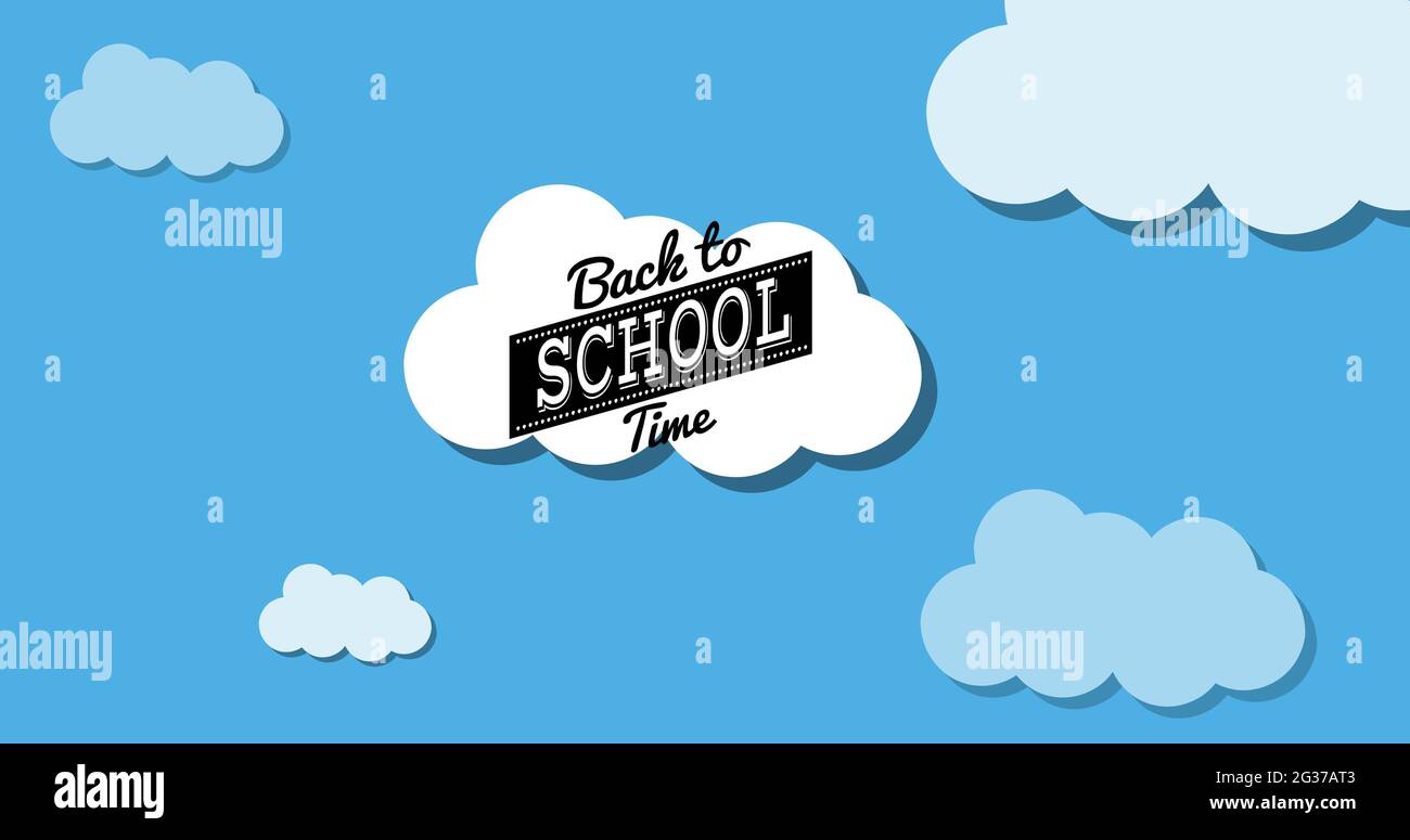 Composizione del tempo di ritorno a scuola in testo nero su nuvola bianca in cielo blu nuvoloso Foto Stock