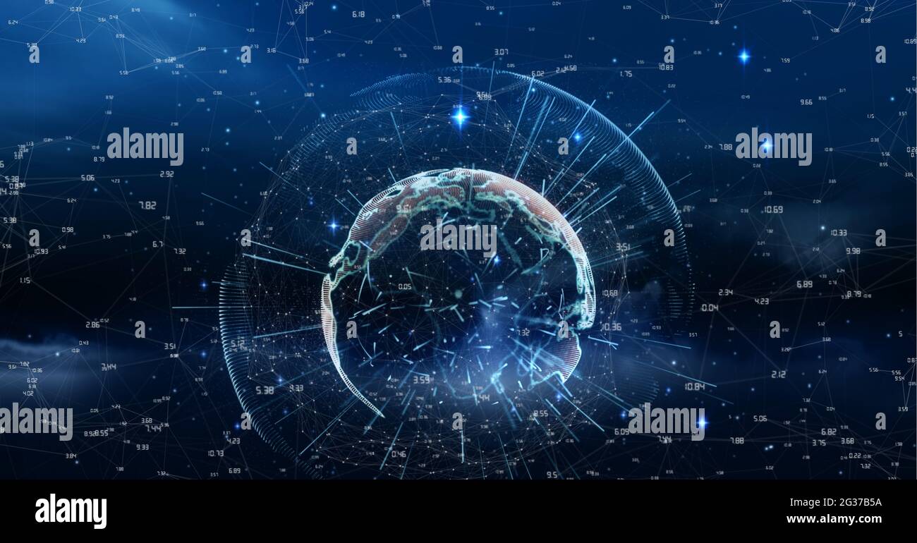 Immagine generata digitalmente della rete di connessioni contro il globo su sfondo blu Foto Stock