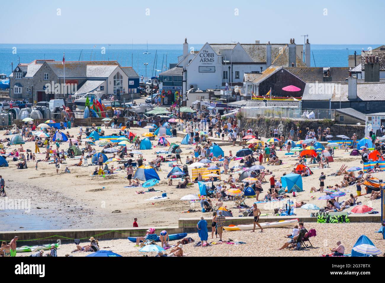 Lyme Regis, Dorset, Regno Unito. 14 Giugno 2021. Regno Unito Meteo. Gli amanti del sole si accorrono in spiaggia per godersi il sole caldo nel giorno più caldo dell'anno. Credit: Celia McMahon/Alamy Live News Foto Stock