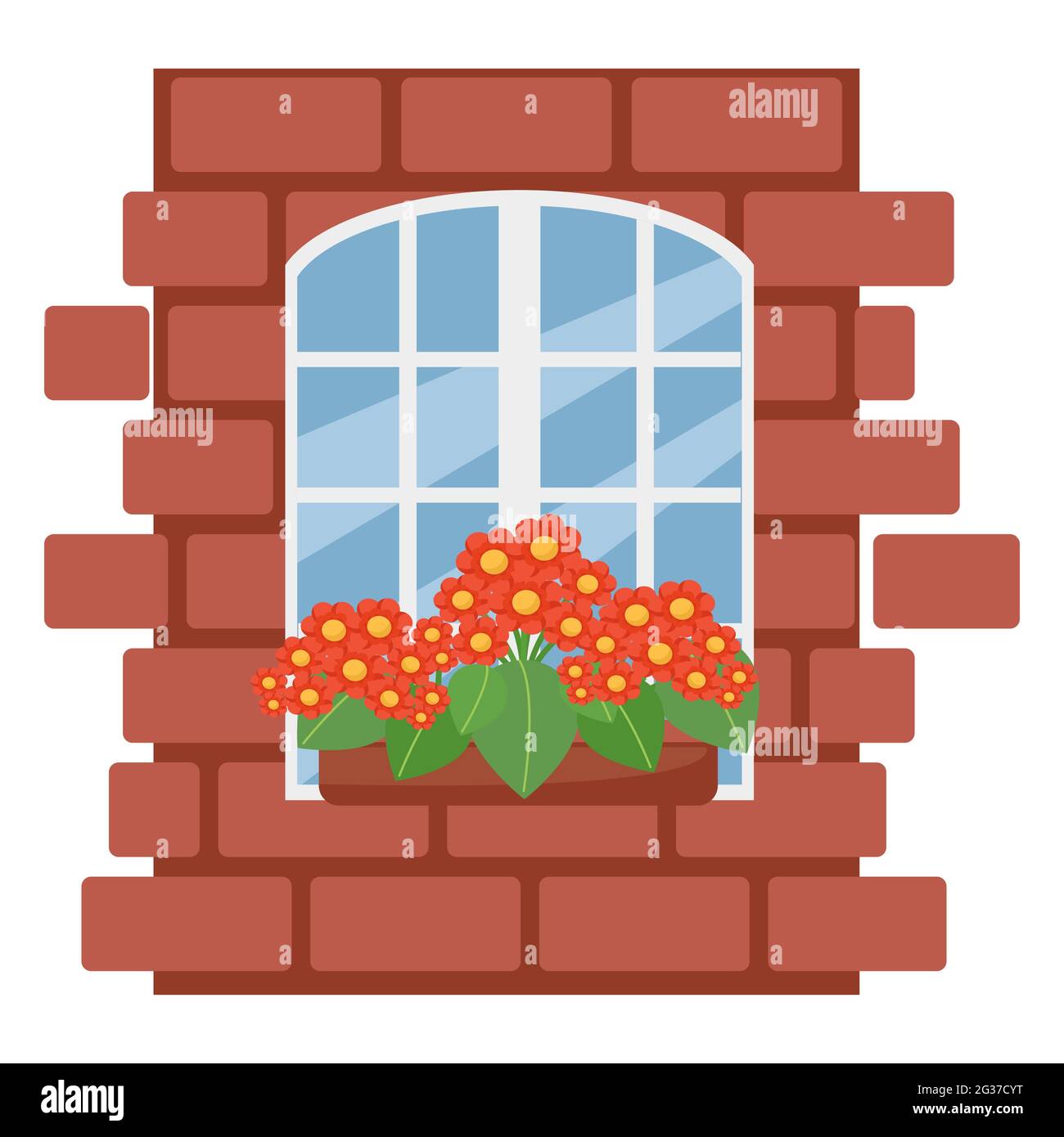 Scatola con fiori sulla finestra, muro in mattoni con finestra bianca, illustrazione vettoriale in stile piatto, cartone animato, isolato Illustrazione Vettoriale