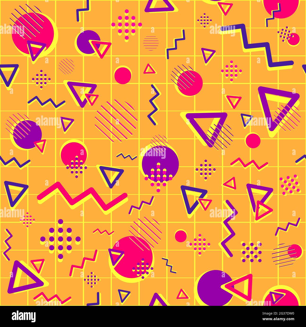 Motivo geometrico senza giunture con forme viola e magenta. Sfondo psicedelico e funky ripetitivo con cerchi, triangoli e linee a zigzag. Creat Illustrazione Vettoriale