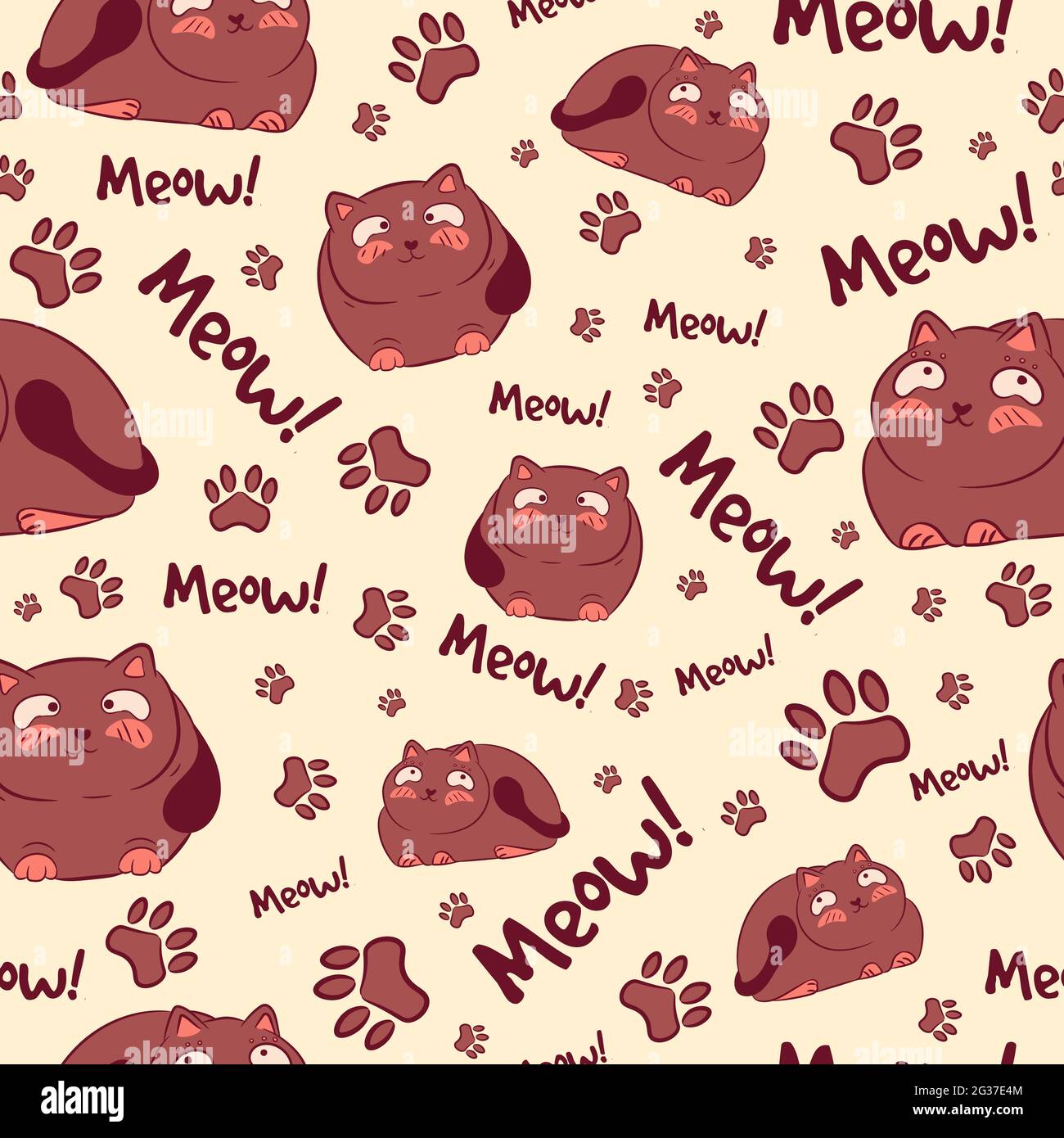 Modello marrone senza cuciture con gatti, zampe e zampe kawaii. Sfondo ripetitivo con kitties grasse ed elementi felini. Tessitura animale per album e. Illustrazione Vettoriale