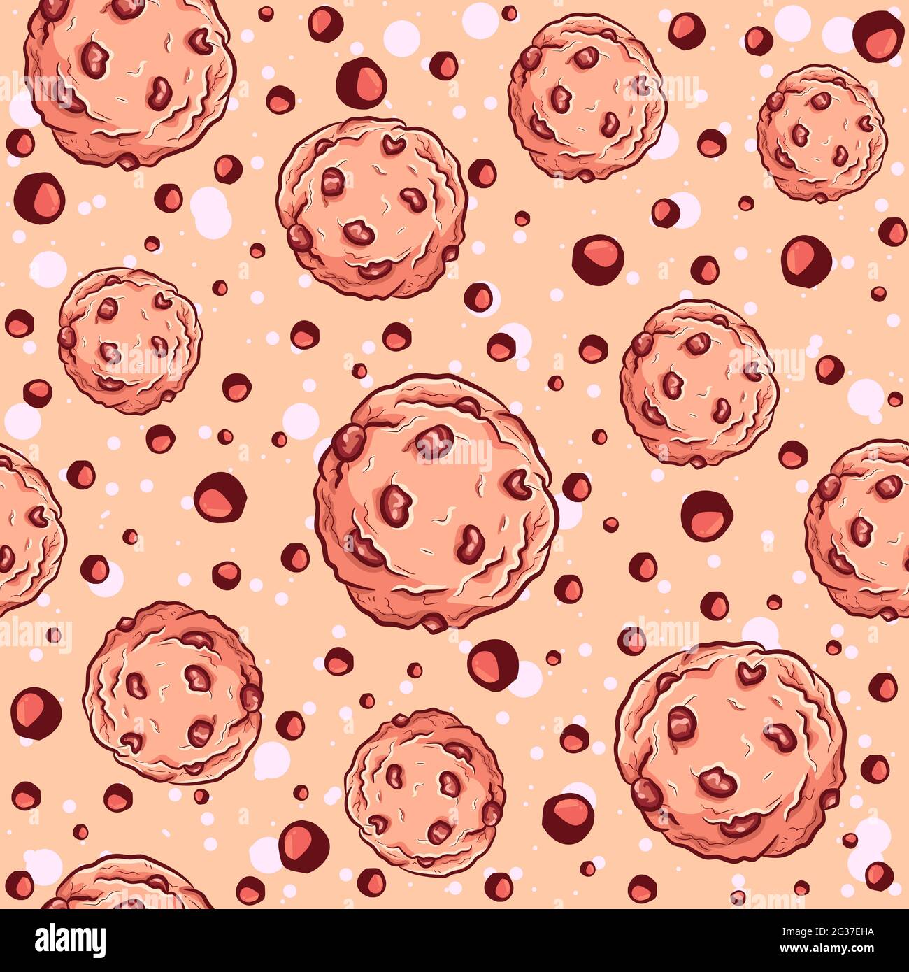 Dolce e delizioso motivo senza cuciture con biscotti al cioccolato. Fondo ripetitivo con crunch cotti al forno ed elementi di pasticceria. Texture vecto Illustrazione Vettoriale